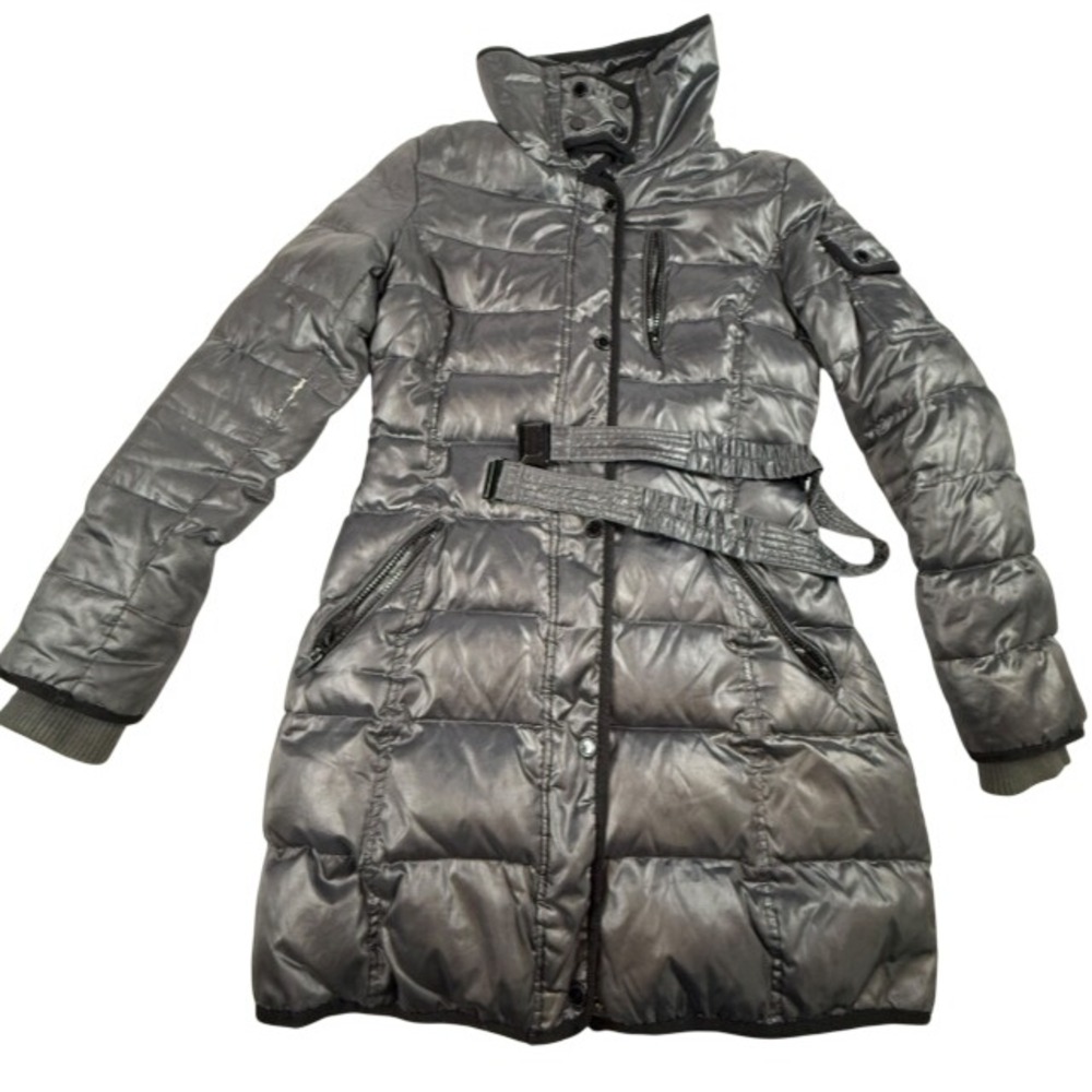 BCBGMAXAZRIA Metallic Grey Puffer Coat Small Belted Quilted Long Jacket Gunmetal